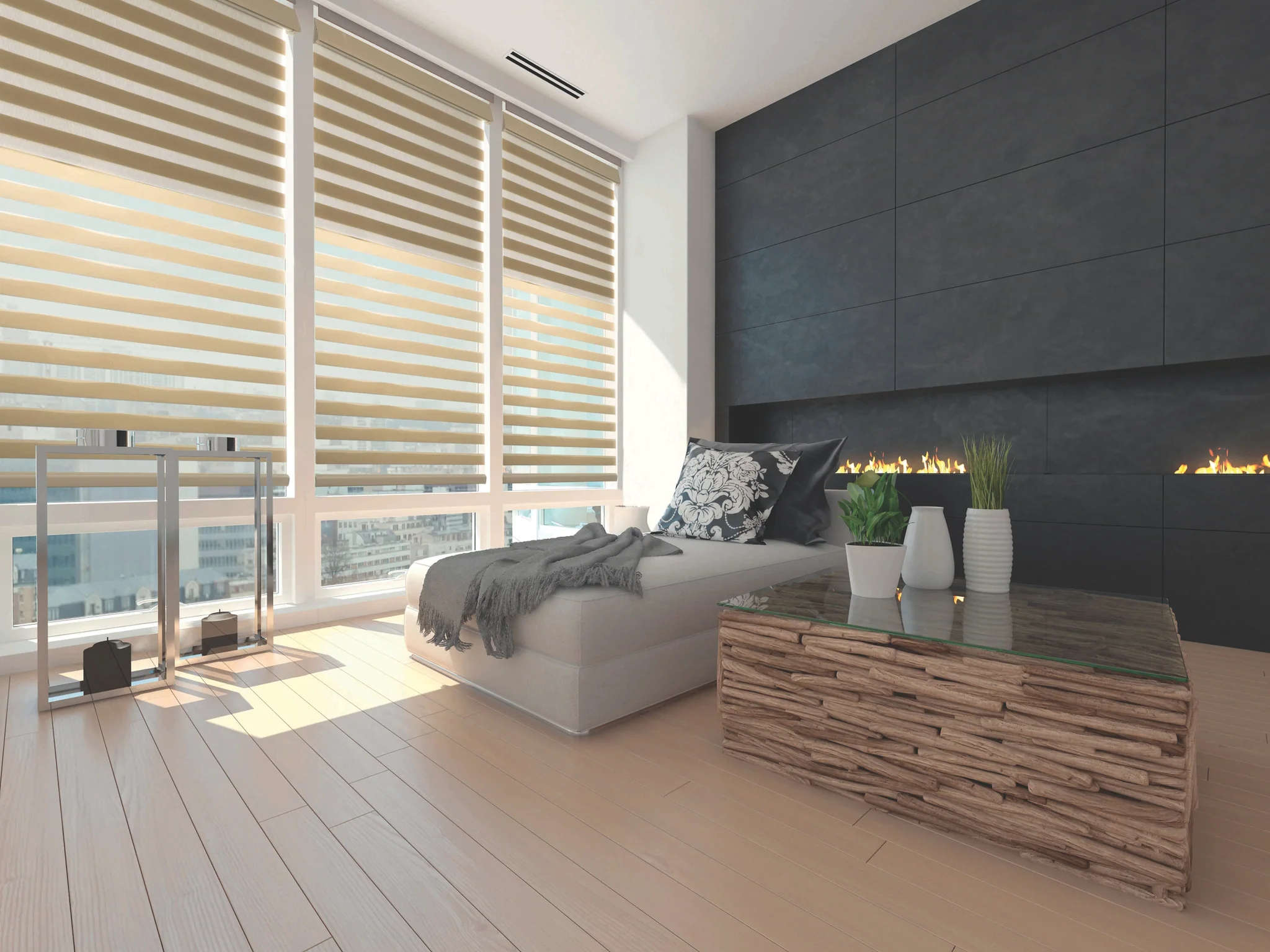 Light filtering zebra blinds installed on floor-to-ceiling windows in modern Ontario living room