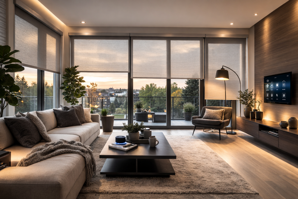 Modern living room with motorized roller blinds installed on large windows in an Ontario smart home.
