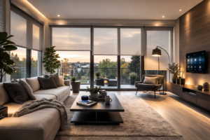 Modern living room with motorized roller blinds installed on large windows in an Ontario smart home.