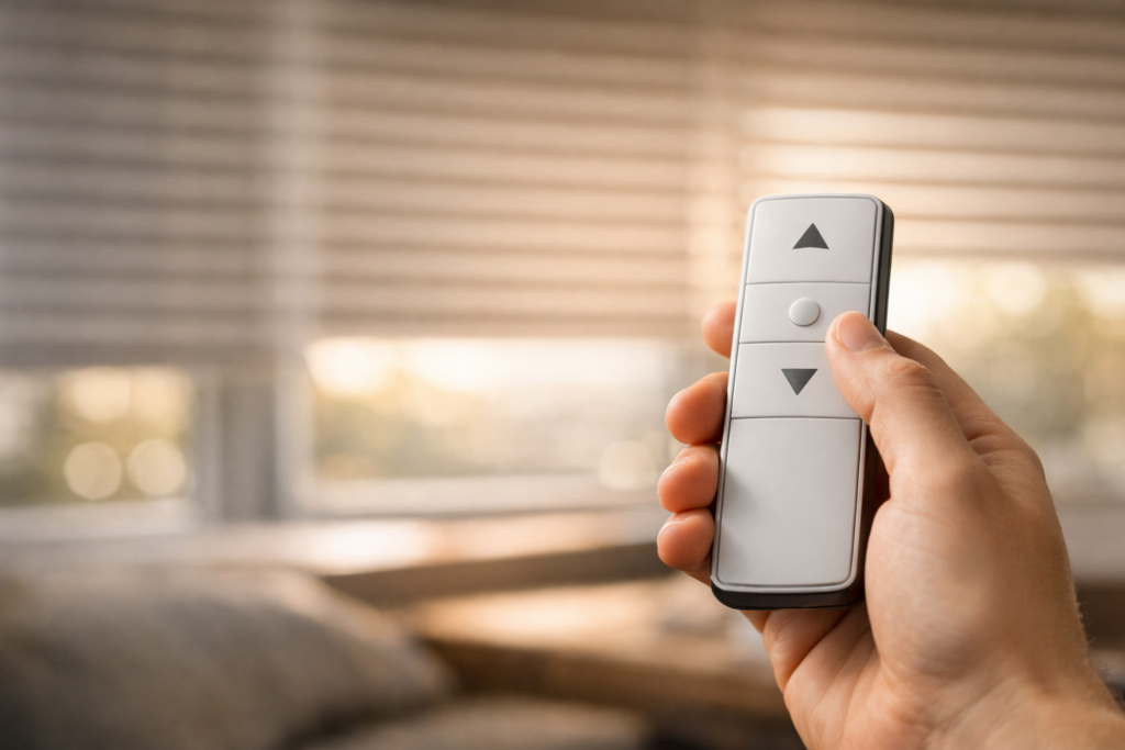 Hand using remote control to operate automated motorized window blinds.