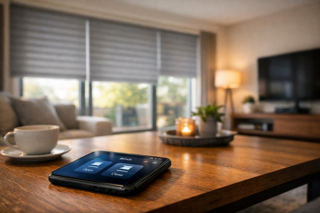 Smartphone controlling motorized window blinds through smart home automation app.
